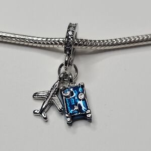 New! For Pandora Charm Bracelet Blue Silver Color Airplane Suitcase Dangle Charm